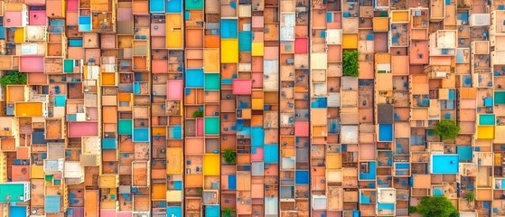Aerial view of densely packed colorful buildings or homes in an urban setting.