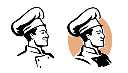 Portrait of happy chef emblem. Male cook in hat, kitchen worker symbol. Illustration for restaurant or cafe menu