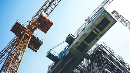 high-rise construction site featuring crane lifting heavy materials upward reinforced steel frameworks strong concrete foundation columns supporting building structure