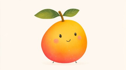 cute simple children's illustration of a vibrant mango that has eyes and a big smile, white background, very minimal art style, flat colours 