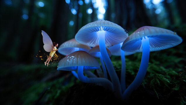 Enchanting fairy flying near glowing blue mushrooms in dark forest - Powered by Adobe