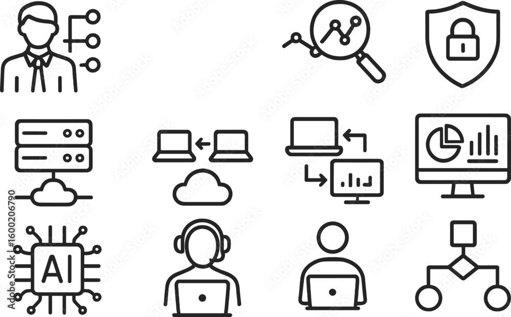 Fototapete Data analysis and cybersecurity concepts illustrated with simple icons in a modern digital setting