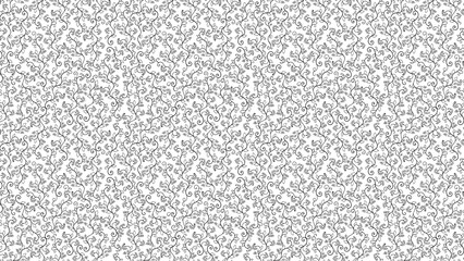 Detailed monochrome pattern featuring swirling vines and small leaves on a white background