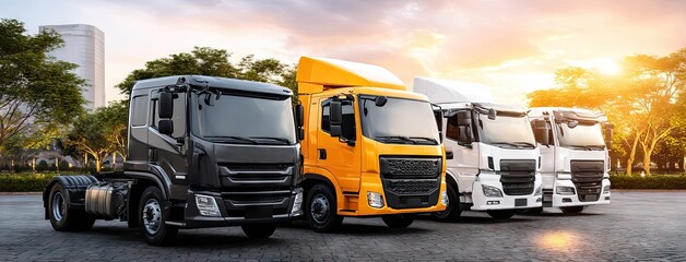 Trucks lined up in a parking lot at a trucking conference with colorful vehicles and green surroundings