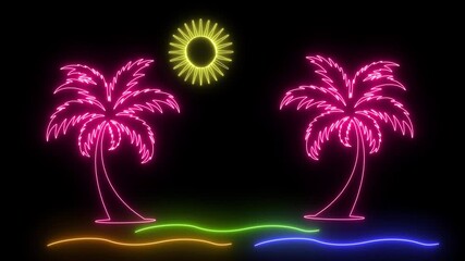 Neon Summer Dream: Glowing Palm Trees, Sun, And Ocean Waves In A Retro Aesthetic, Vibrant Neon Beach Scene Palm Trees, Sun, Colorful Waves  Summer Graphic, Neon Tropical Sunset Hello Summer Neon Backg - Powered by Adobe