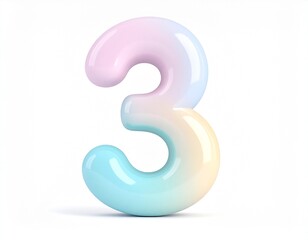 3D render of the number "3" in cartoon plastic style, pastel colors, isolated on white background