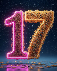 Design: The number 17 is blue and gold with a curve at the end. Style: Minimalist yet elegant. Serious and professional impression, suitable for branding or formal presentations.