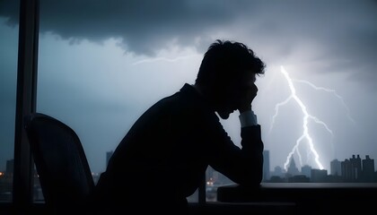 Silhouette of sad man during thunderstorm looking out window at lightning over city