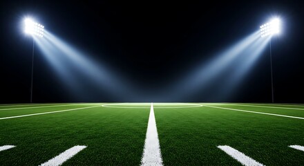 Naklejka premium Dramatic view of an American football field at night, illuminated by two powerful stadium spotlights, creating a path to victory.