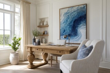 Fototapeta premium Light-filled home office with a large abstract painting.