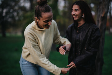 Two young women enjoying their time in an outdoor park, laughing and bonding together, showcasing...