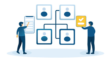People connecting with mobile and task completion in a network illustration concept design image