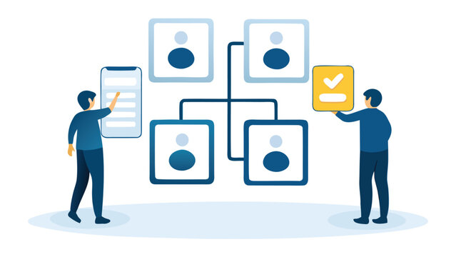 People connecting with mobile and task completion in a network illustration concept design image