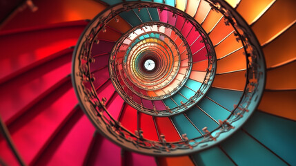 strikingly colorful abstract staircase inspired rainbow tones artistically arranged circular spiral focused central point.