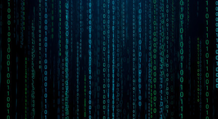 Binary code stream in shades of green and blue falling down on a dark background creating a matrix effect