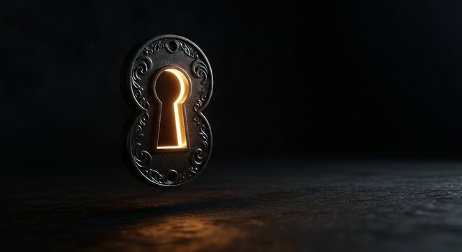 Ornate keyhole casting a golden glow on a textured surface mystery and access
