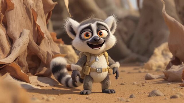 Animated lemur in a desert environment