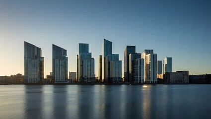 Modern city skyline with glass skyscrapers reflecting sunlight over calm water cityscape modern architecture