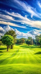 lush green grass and trees surround a scenic golf field on a sunny day with a few wispy clouds