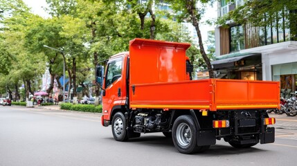 Rear view of red big rig semi-truck with open hood parked for maintenance on a city street surrounded by shops and greenery