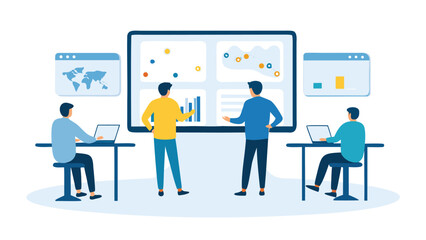 People analyzing data on a large screen with charts and graphs in a business meeting setting and laptops