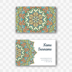 Vector business card design in oriental style. Round mandala layout, Islam, Arabic, Indian motifs. Vintage visiting card for employees of yoga studios, tattoo parlors, beauty clinics, massage rooms