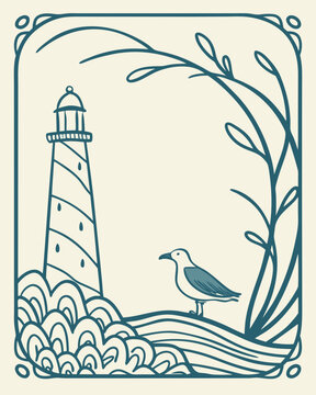 Serene Ocean View Vector Art: Classic Lighthouse Guiding a Sailboat Through Gentle Waves Under a Sky with Distant Birds.