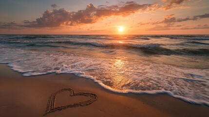Sunset heart on sandy beach