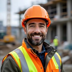 Fototapeta premium A construction worker smiles confidently on a building site wearing a hard hat and