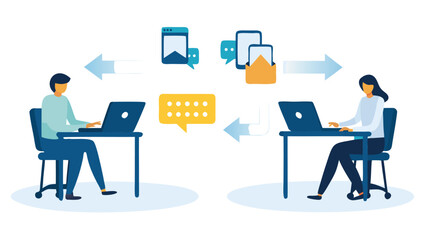 Illustration of two people communicating online with laptops and message icons on a white background