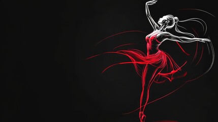 “A graceful full-body ballet dancer in simple red and white line art against a dramatic black background, capturing elegant movement.”