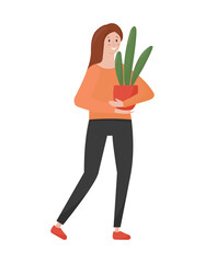 Young adult woman holds in hands home potted plant. Minimal flat vector illustration.