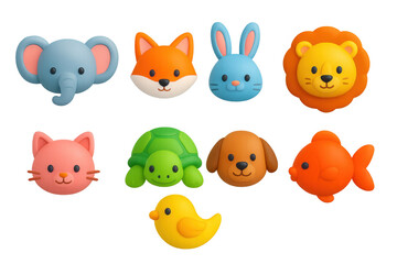 Naklejka premium Cute 3d animal faces with playful cartoon style: elephant, fox, rabbit, lion, cat, turtle, dog, fish, duck