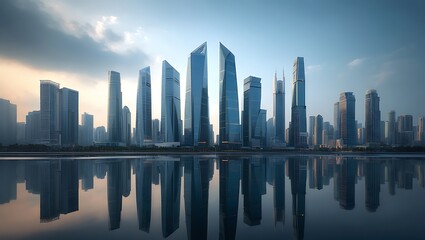 Modern glass skyscrapers reflecting in calm water at dawn cityscape architecture
