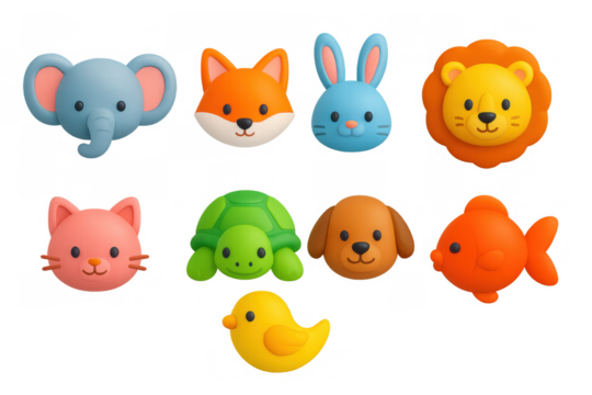 Cute 3d animal faces with playful cartoon style: elephant, fox, rabbit, lion, cat, turtle, dog, fish, duck