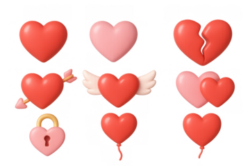 3d heart icons: love, romance, and emotions in cute cartoon style