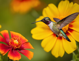 Fototapeta premium A hummingbird in flight over a red and yellow flower. A beautiful background.