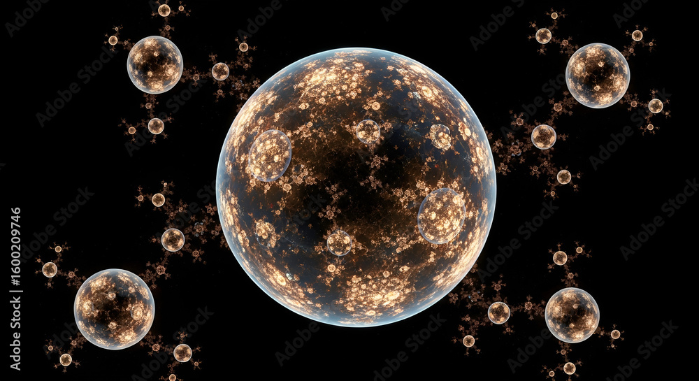 Fototapete an abstract fractal design features a central sphere surrounded by smaller fractal patterns against 