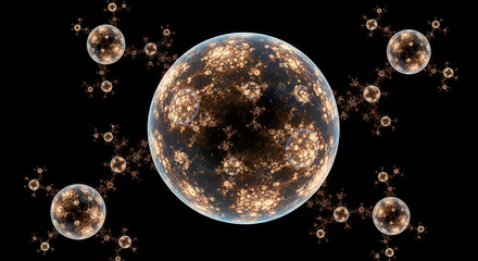 An abstract fractal design features a central sphere surrounded by smaller fractal patterns against a black background