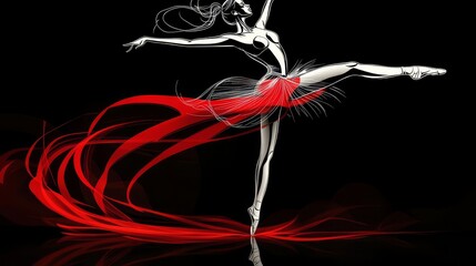 “A graceful full-body ballet dancer in simple red and white line art against a dramatic black background, capturing elegant movement.”
