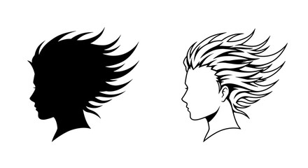 Silhouette and outline of woman with spiky hair