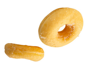 Top view set of two pieces of scattering cinnamon donuts isolated with clipping path in png file format