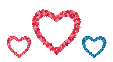 Colorful heart shapes made from small hearts in pink, red, and blue on