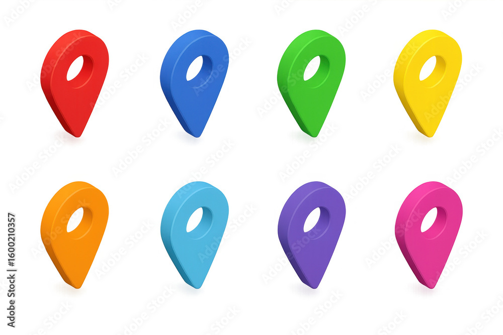 Poster colorful 3d map markers in various hues for location and navigation themed graphics