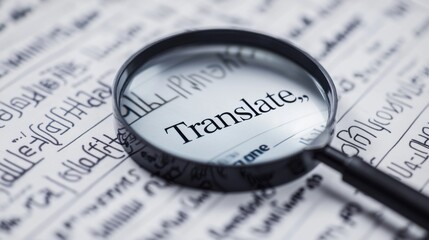 Magnifying Glass Focusing on the Word Translate Over Foreign Text: A Close-Up Shot Emphasizing the Importance of Language Translation and Interpretation in Global Communication