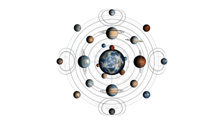 A diagram depicts the solar system with planets orbiting the earth in a circular pattern
