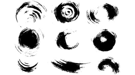 Collection of grunge black circles with distressed textures, perfect for overlays, frames, or abstract background elements