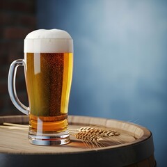 Mug of fresh light beer on wooden barrels with hops and blue backdrop. Design template for advertising a brewery, beer festivals and International Beer Day with space for text