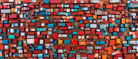 Many stacked shipping containers in various colors form a dense abstract pattern.