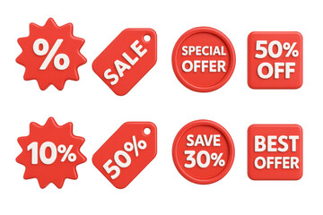 Promotional red sale badges with discount offers and special deals